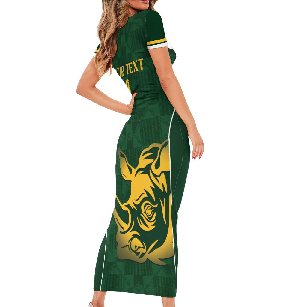 South Africa Rugby Custom Short Sleeve Bodycon Dress Springboks Kente Rhino Symbol - Wonder Print Shop