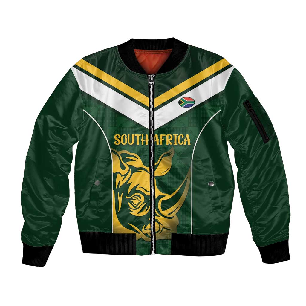 South Africa Rugby Custom Sleeve Zip Bomber Jacket Springboks Kente Rhino Symbol - Wonder Print Shop