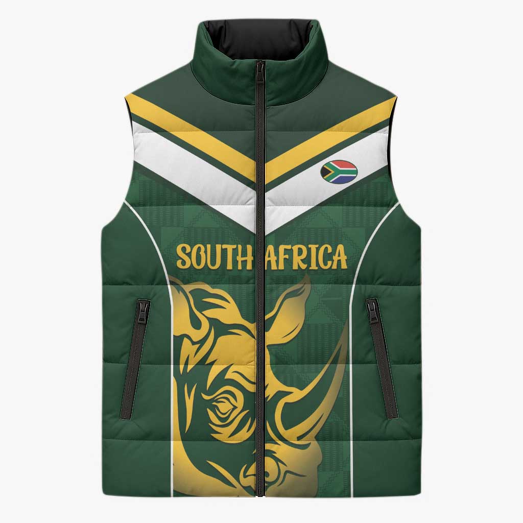 South Africa Rugby Custom Sleeveless Puffer Jacket Springboks Kente Rhino Symbol - Wonder Print Shop