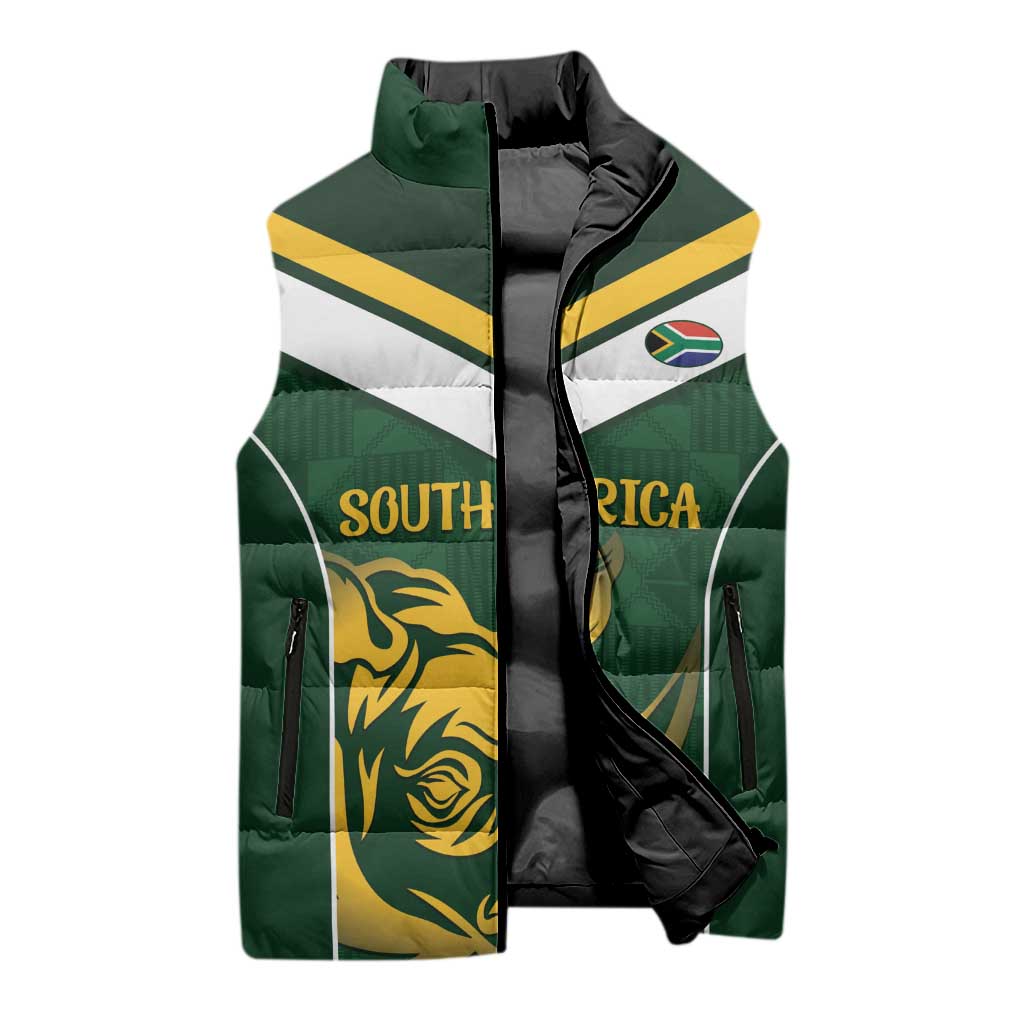 South Africa Rugby Custom Sleeveless Puffer Jacket Springboks Kente Rhino Symbol - Wonder Print Shop