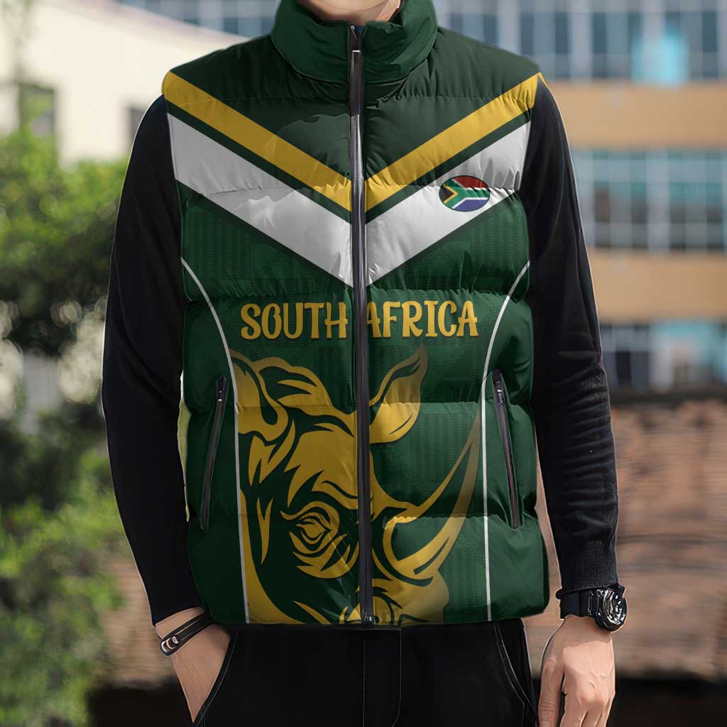 South Africa Rugby Custom Sleeveless Puffer Jacket Springboks Kente Rhino Symbol - Wonder Print Shop