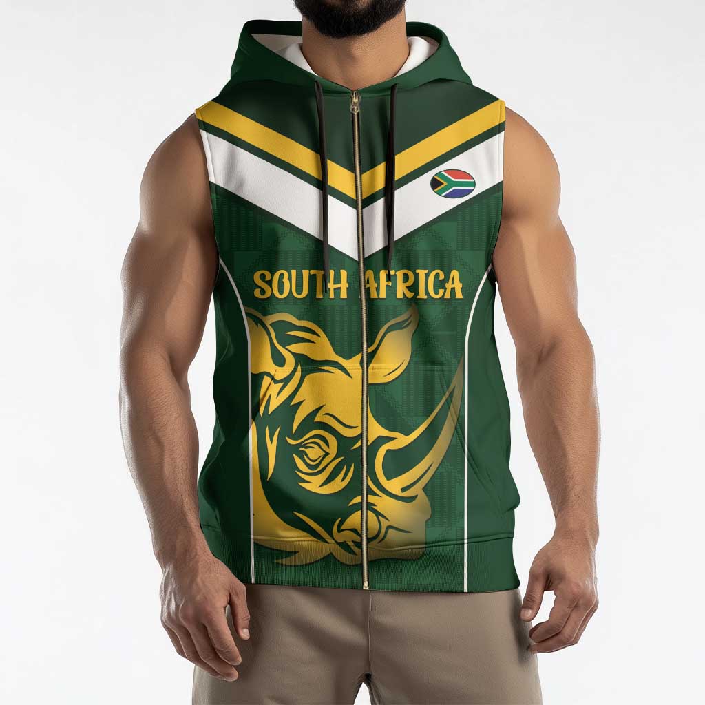 South Africa Rugby Custom Sleeveless Zip Hoodie Springboks Kente Rhino Symbol - Wonder Print Shop