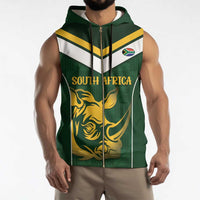 South Africa Rugby Custom Sleeveless Zip Hoodie Springboks Kente Rhino Symbol - Wonder Print Shop