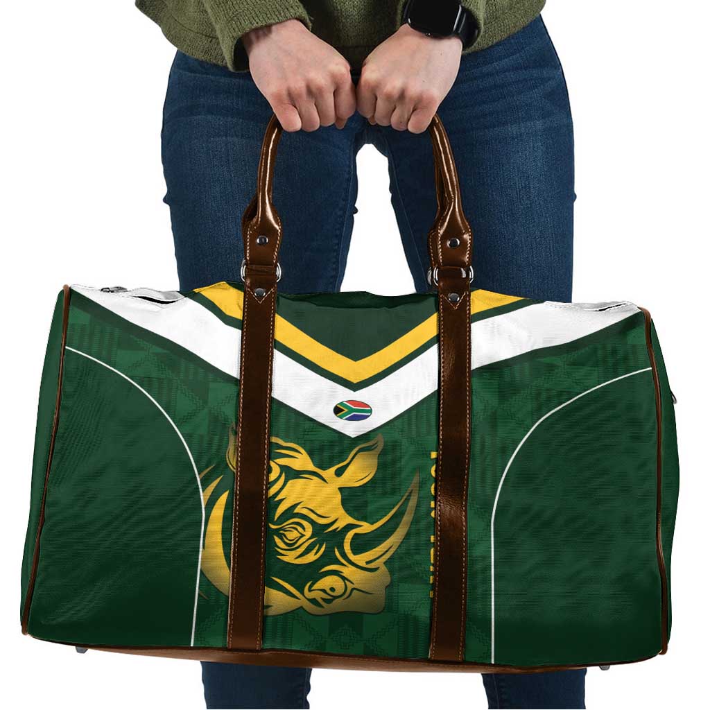 South Africa Rugby Custom Travel Bag Springboks Kente Rhino Symbol - Wonder Print Shop
