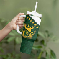 South Africa Rugby Custom Tumbler With Handle Springboks Kente Rhino Symbol - Wonder Print Shop