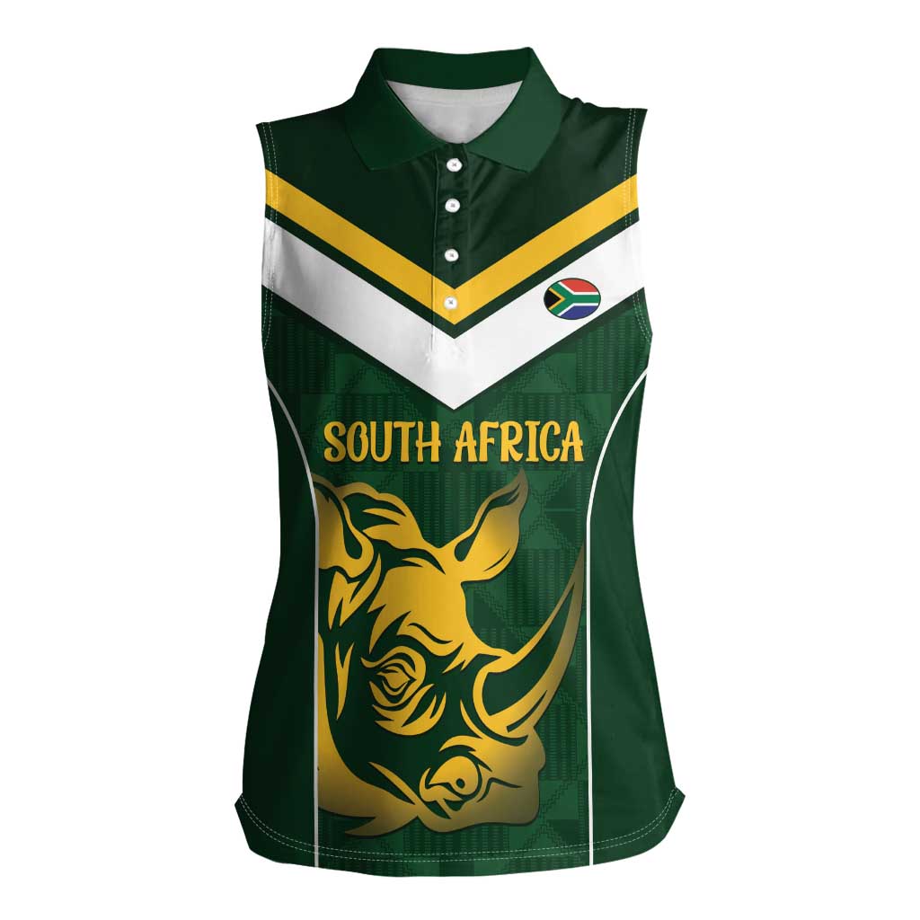 South Africa Rugby Custom Women Sleeveless Polo Shirt Springboks Kente Rhino Symbol - Wonder Print Shop