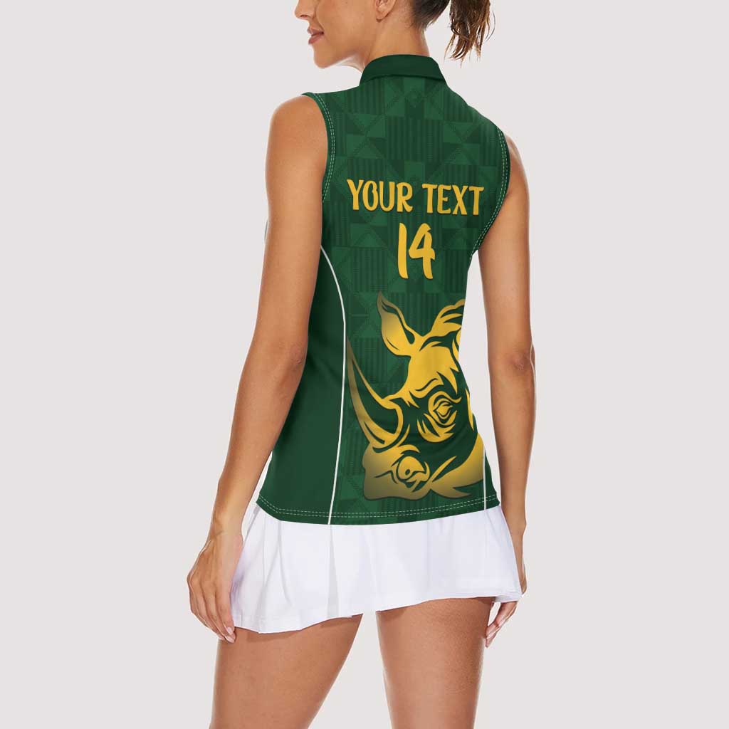 South Africa Rugby Custom Women Sleeveless Polo Shirt Springboks Kente Rhino Symbol - Wonder Print Shop