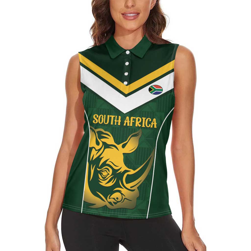 South Africa Rugby Custom Women Sleeveless Polo Shirt Springboks Kente Rhino Symbol - Wonder Print Shop