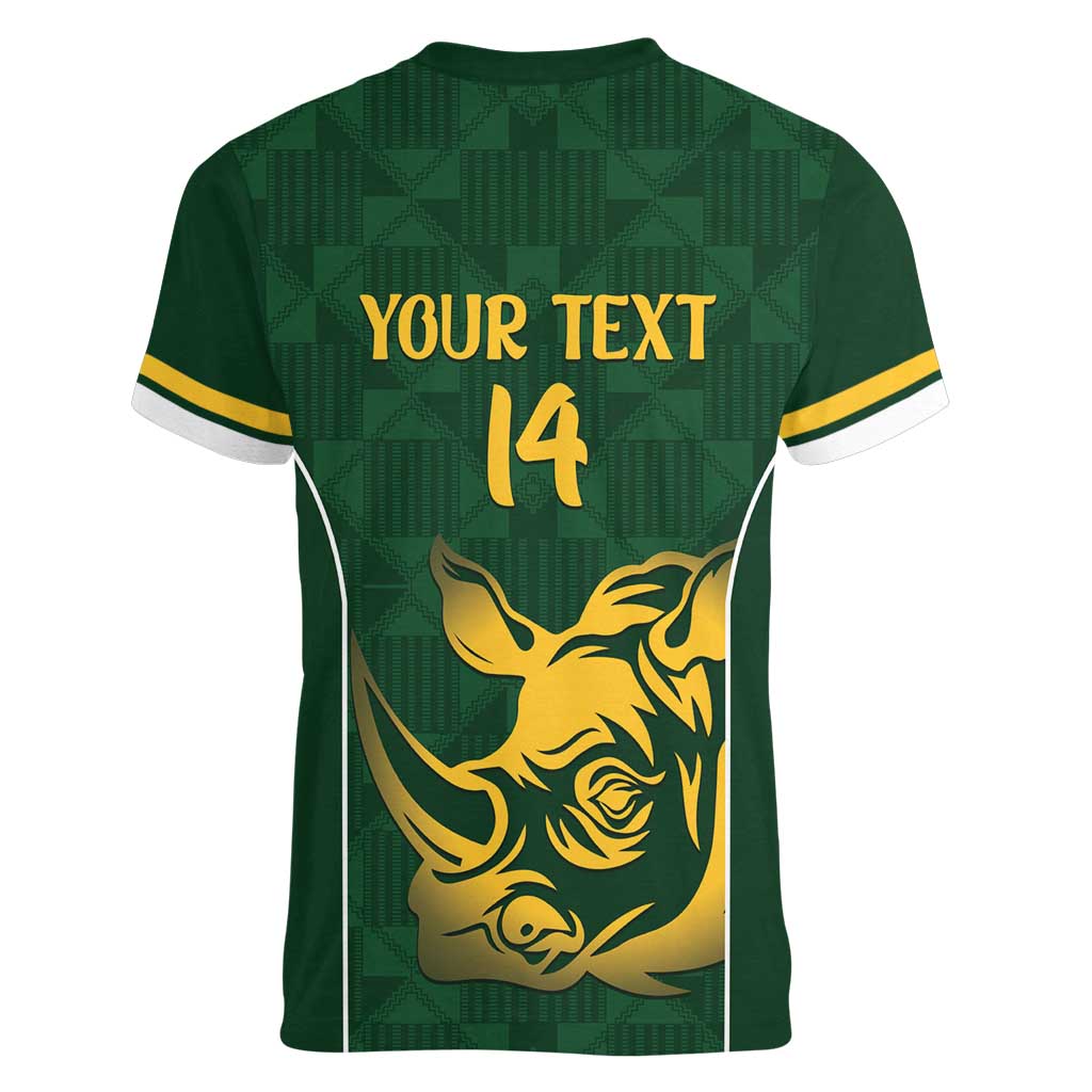 South Africa Rugby Custom Women V-Neck T-Shirt Springboks Kente Rhino Symbol - Wonder Print Shop