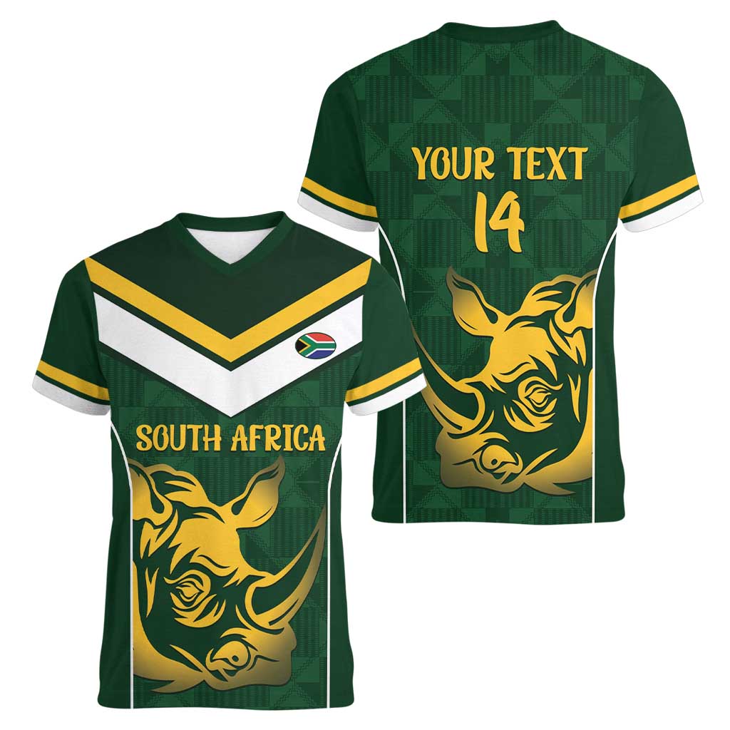 South Africa Rugby Custom Women V-Neck T-Shirt Springboks Kente Rhino Symbol - Wonder Print Shop