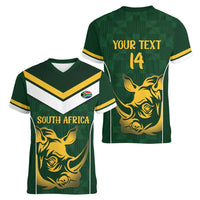 South Africa Rugby Custom Women V-Neck T-Shirt Springboks Kente Rhino Symbol - Wonder Print Shop