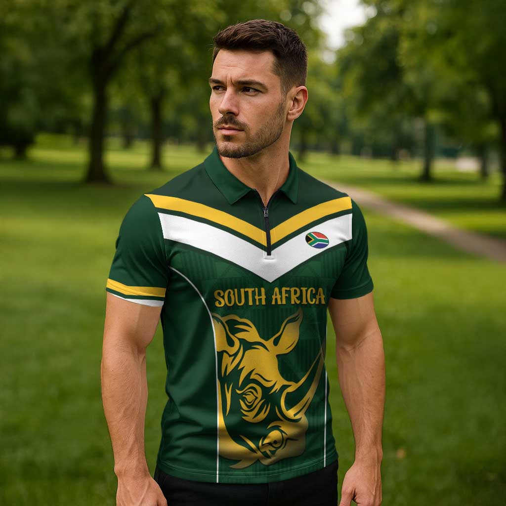 South Africa Rugby Custom Zipper Polo Shirt Springboks Kente Rhino Symbol - Wonder Print Shop