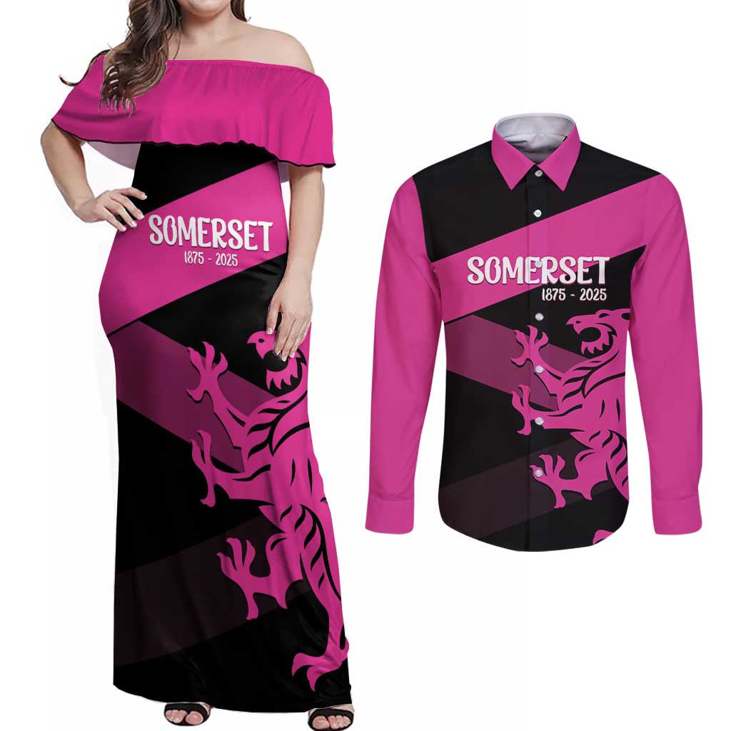 Custom Somerset Cricket Couples Matching Off Shoulder Maxi Dress and Long Sleeve Button Shirt 150 Years of Anniversary - Wonder Print Shop