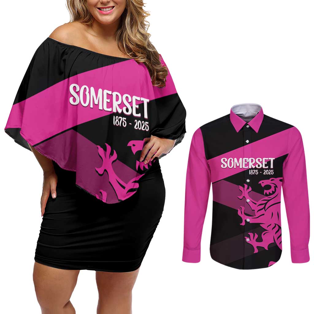 Custom Somerset Cricket Couples Matching Off Shoulder Short Dress and Long Sleeve Button Shirt 150 Years of Anniversary - Wonder Print Shop