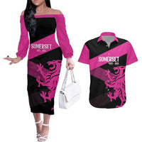 Custom Somerset Cricket Couples Matching Off The Shoulder Long Sleeve Dress and Hawaiian Shirt 150 Years of Anniversary - Wonder Print Shop