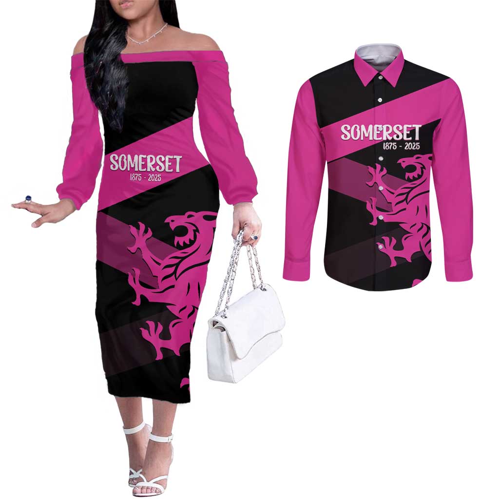 Custom Somerset Cricket Couples Matching Off The Shoulder Long Sleeve Dress and Long Sleeve Button Shirt 150 Years of Anniversary - Wonder Print Shop