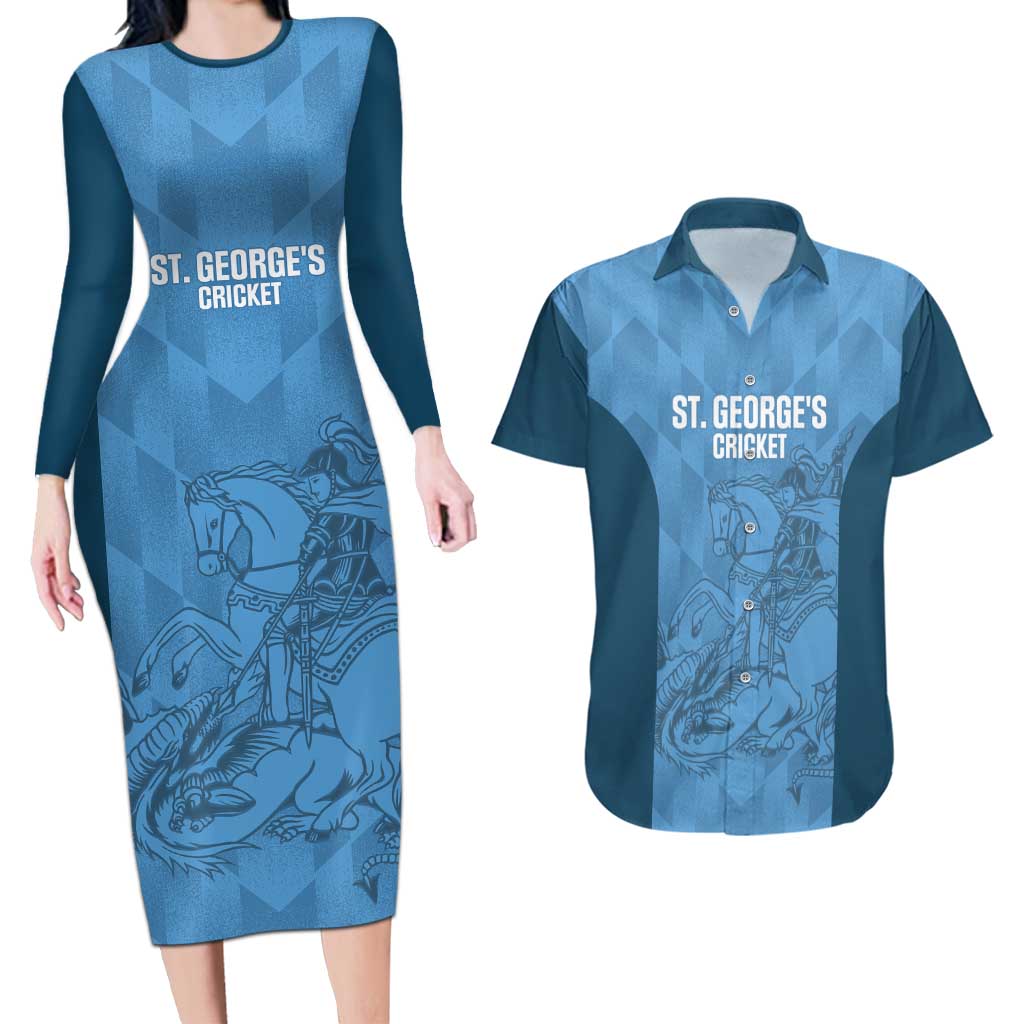 Custom St. Georges Cricket Couples Matching Long Sleeve Bodycon Dress and Hawaiian Shirt Go Champions Sporty Style - Wonder Print Shop
