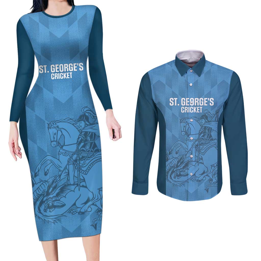 Custom St. Georges Cricket Couples Matching Long Sleeve Bodycon Dress and Long Sleeve Button Shirt Go Champions Sporty Style - Wonder Print Shop