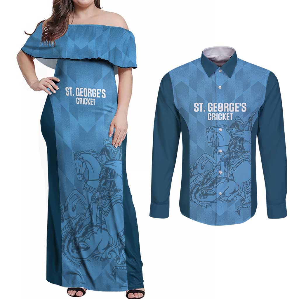 Custom St. Georges Cricket Couples Matching Off Shoulder Maxi Dress and Long Sleeve Button Shirt Go Champions Sporty Style - Wonder Print Shop