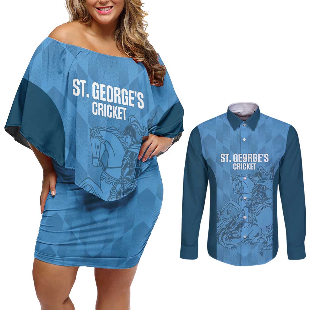 Custom St. Georges Cricket Couples Matching Off Shoulder Short Dress and Long Sleeve Button Shirt Go Champions Sporty Style - Wonder Print Shop
