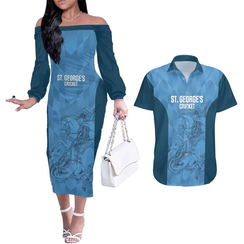 Custom St. Georges Cricket Couples Matching Off The Shoulder Long Sleeve Dress and Hawaiian Shirt Go Champions Sporty Style - Wonder Print Shop