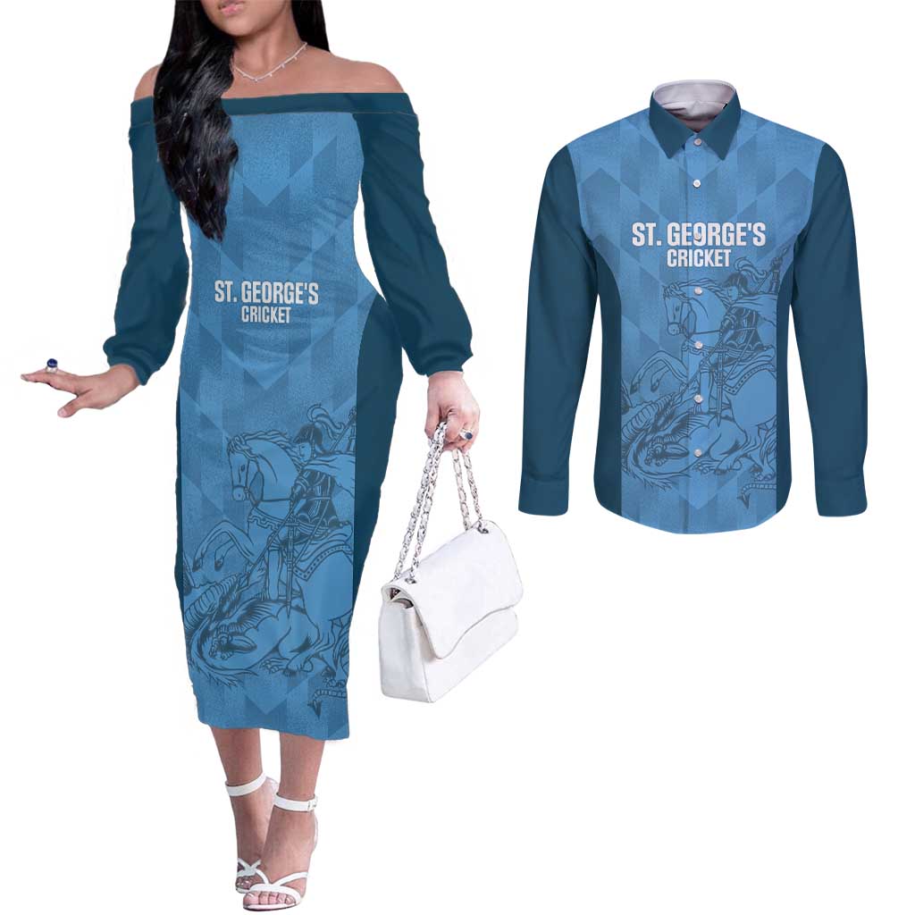 Custom St. Georges Cricket Couples Matching Off The Shoulder Long Sleeve Dress and Long Sleeve Button Shirt Go Champions Sporty Style - Wonder Print Shop