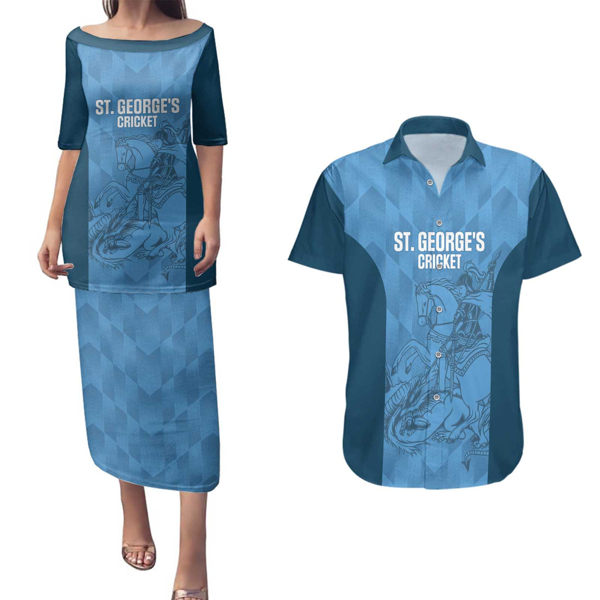 Custom St. Georges Cricket Couples Matching Puletasi and Hawaiian Shirt Go Champions Sporty Style - Wonder Print Shop