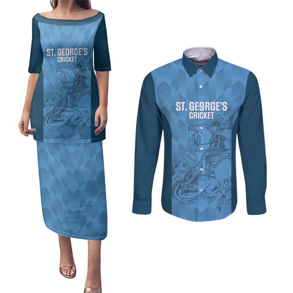 Custom St. Georges Cricket Couples Matching Puletasi and Long Sleeve Button Shirt Go Champions Sporty Style - Wonder Print Shop