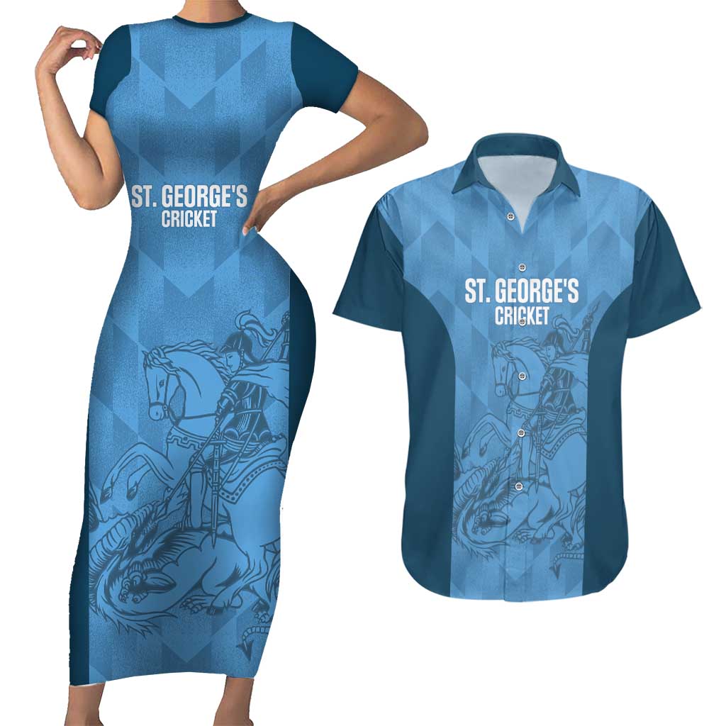 Custom St. Georges Cricket Couples Matching Short Sleeve Bodycon Dress and Hawaiian Shirt Go Champions Sporty Style - Wonder Print Shop