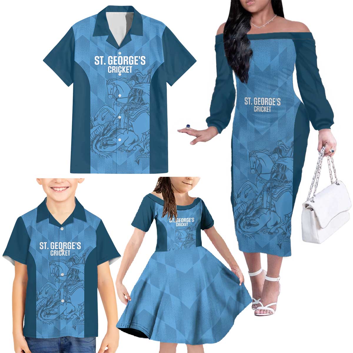 Custom St. Georges Cricket Family Matching Off The Shoulder Long Sleeve Dress and Hawaiian Shirt Go Champions Sporty Style - Wonder Print Shop