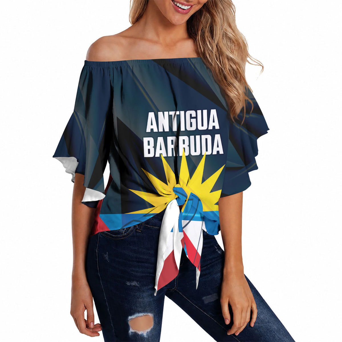 Antigua and Barbuda Basketball Custom Off Shoulder Wrap Waist Top Flag Sporty Style