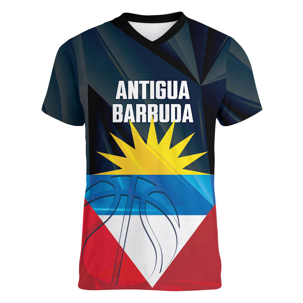 Antigua and Barbuda Basketball Custom Women V-Neck T-Shirt Flag Sporty Style