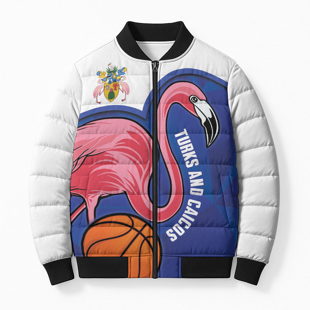 Turks and Caicos Islands Basketball Personalized Bomber Puffer Jacket Flamingo Mascot Style