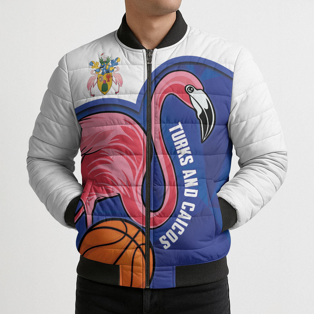 Turks and Caicos Islands Basketball Personalized Bomber Puffer Jacket Flamingo Mascot Style