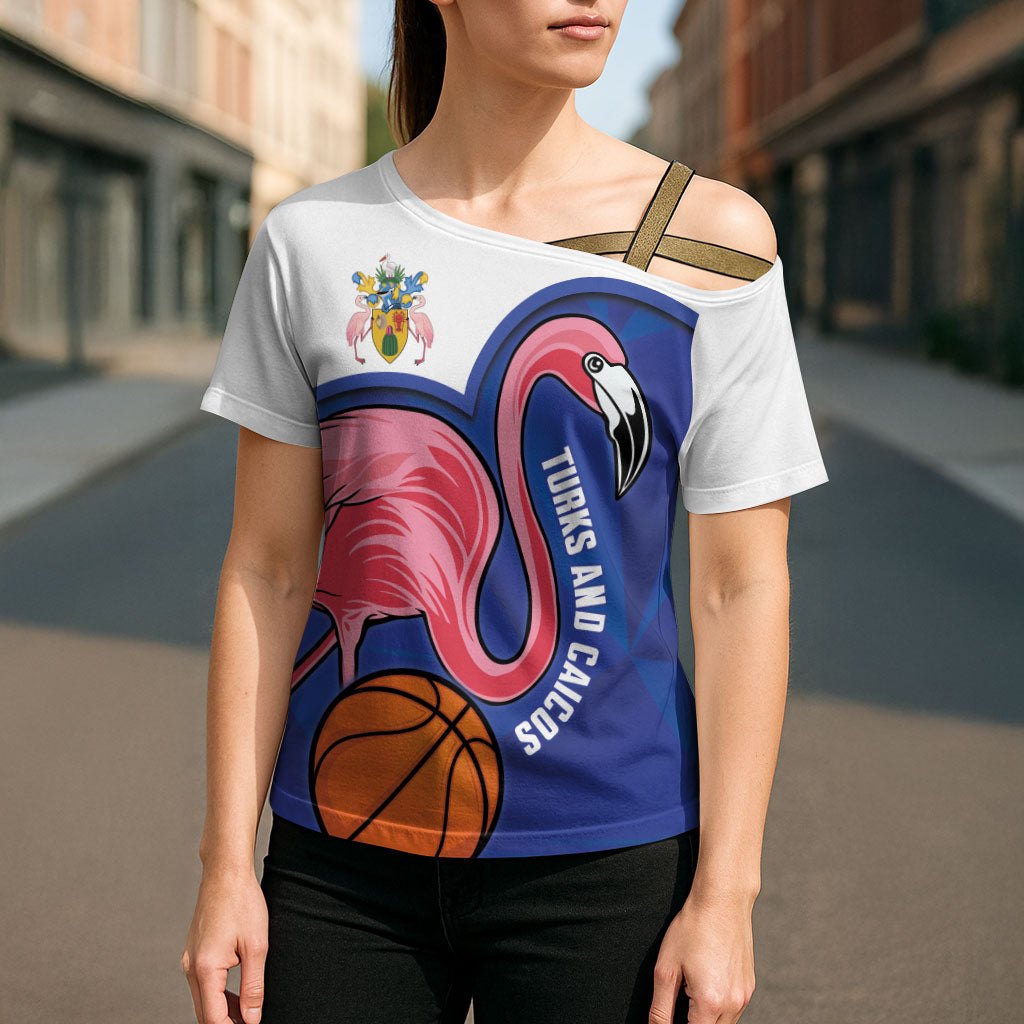 Turks and Caicos Islands Basketball Personalized Cross Shoulder Shirt Flamingo Mascot Style