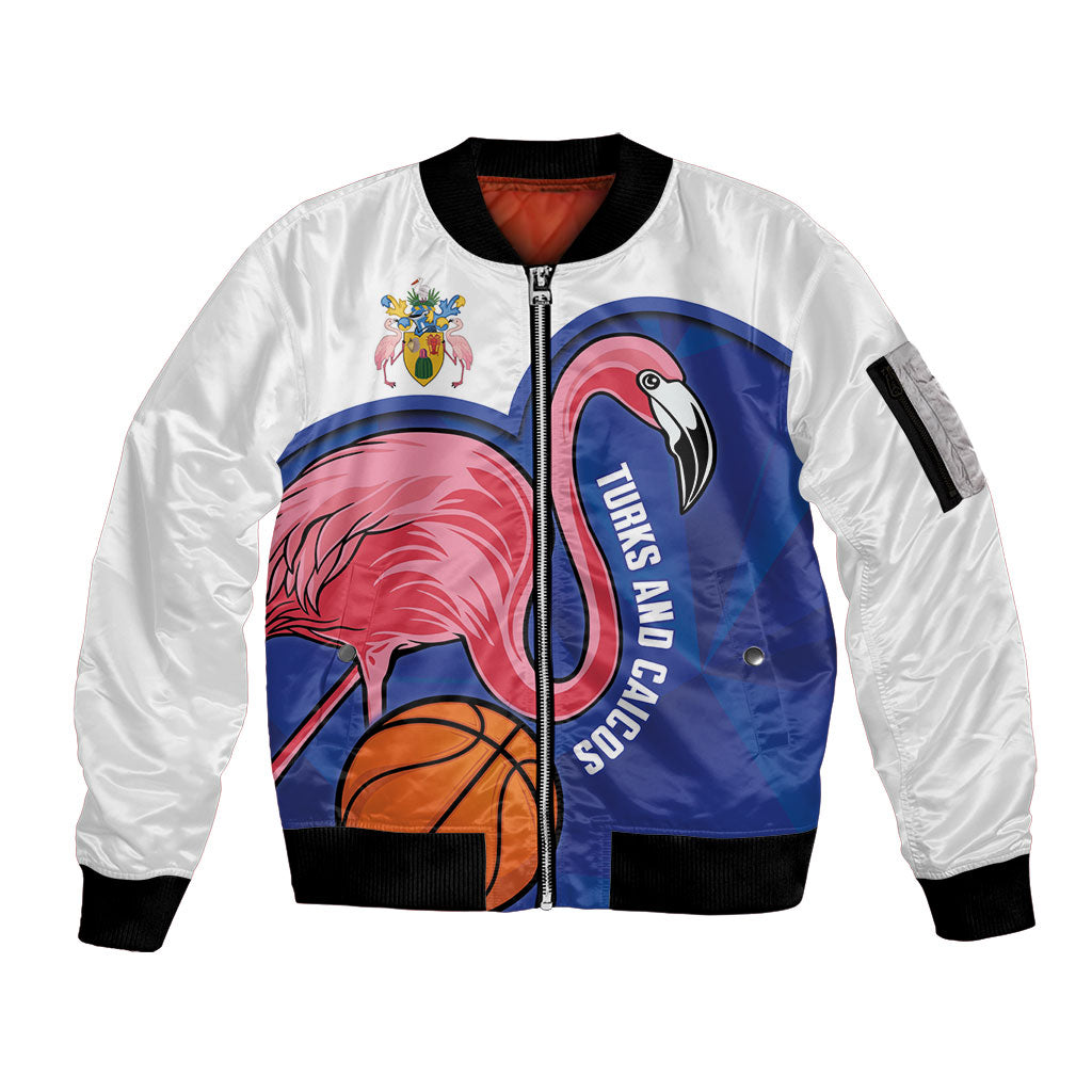 Turks and Caicos Islands Basketball Personalized Sleeve Zip Bomber Jacket Flamingo Mascot Style