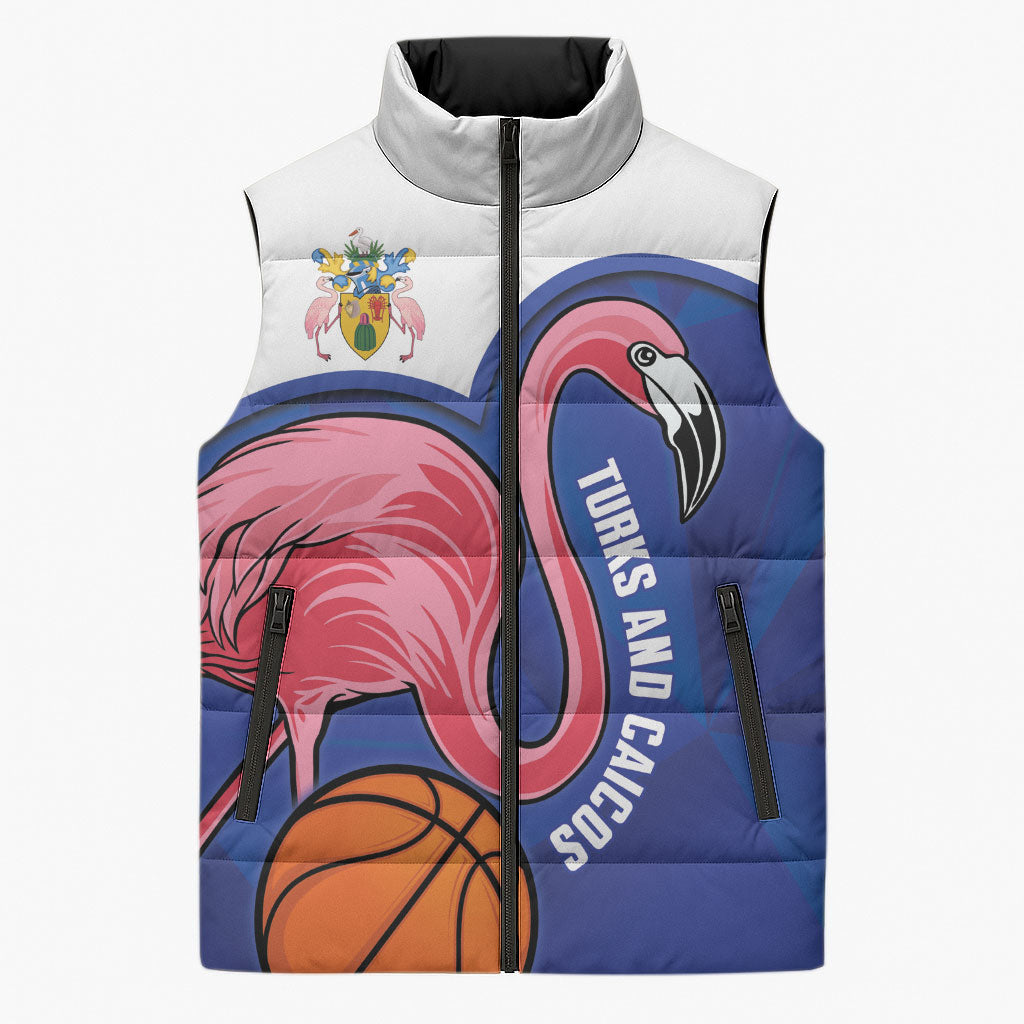 Turks and Caicos Islands Basketball Personalized Sleeveless Puffer Jacket Flamingo Mascot Style