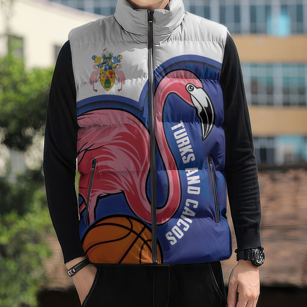 Turks and Caicos Islands Basketball Personalized Sleeveless Puffer Jacket Flamingo Mascot Style