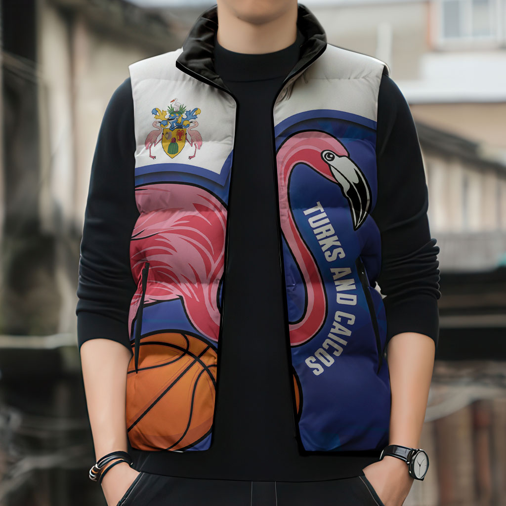 Turks and Caicos Islands Basketball Personalized Sleeveless Puffer Jacket Flamingo Mascot Style