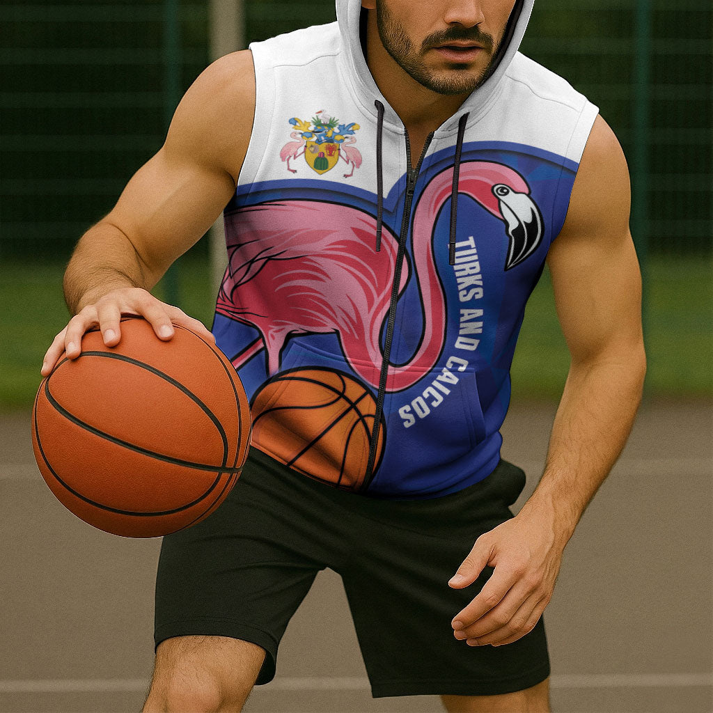 Turks and Caicos Islands Basketball Personalized Sleeveless Zip Hoodie Flamingo Mascot Style