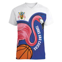 Turks and Caicos Islands Basketball Personalized Women V-Neck T-Shirt Flamingo Mascot Style