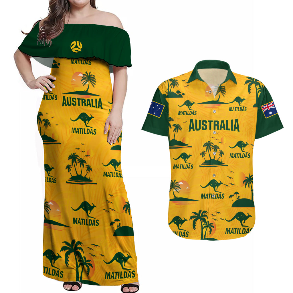 Australia Soccer Couples Matching Off Shoulder Maxi Dress and Hawaiian Shirt Matildas World Cup 2023 Tropical Style - Wonder Print Shop