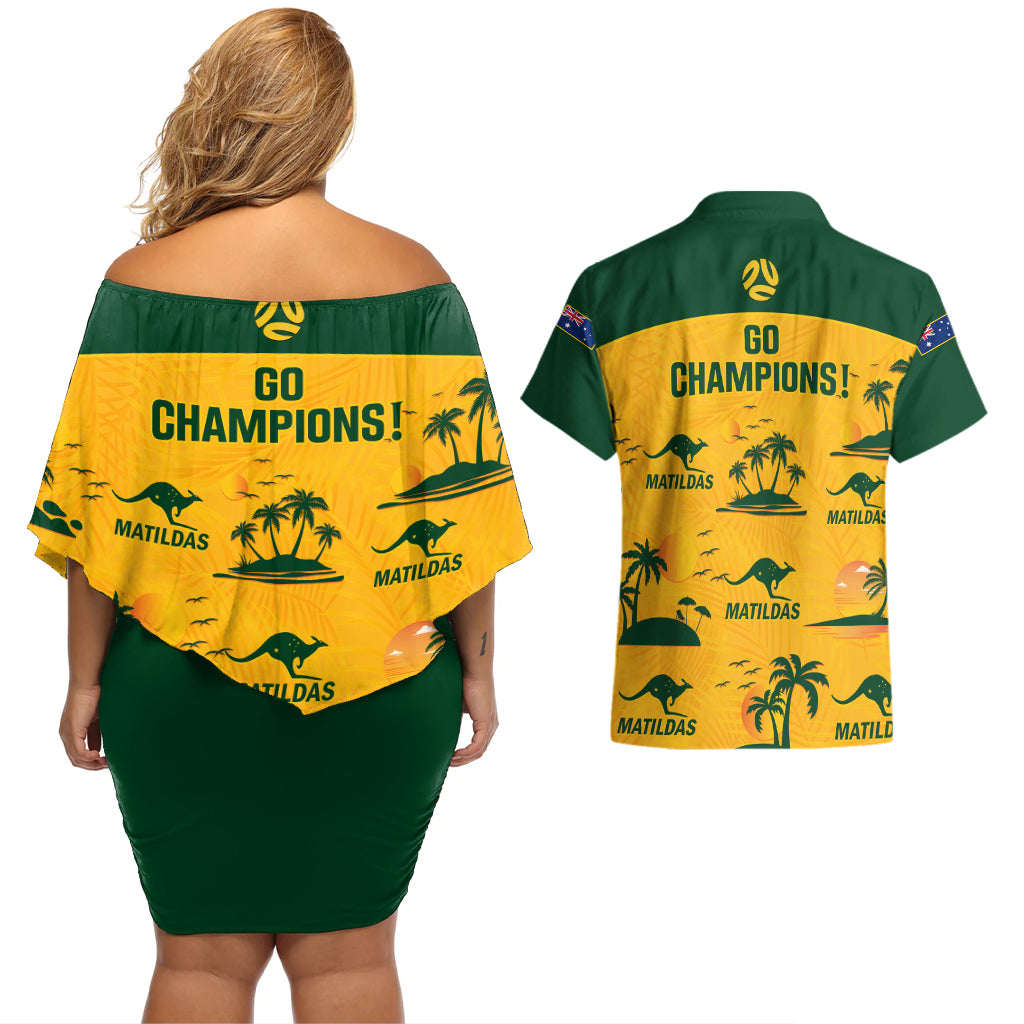 Australia Soccer Couples Matching Off Shoulder Short Dress and Hawaiian Shirt Matildas World Cup 2023 Tropical Style - Wonder Print Shop