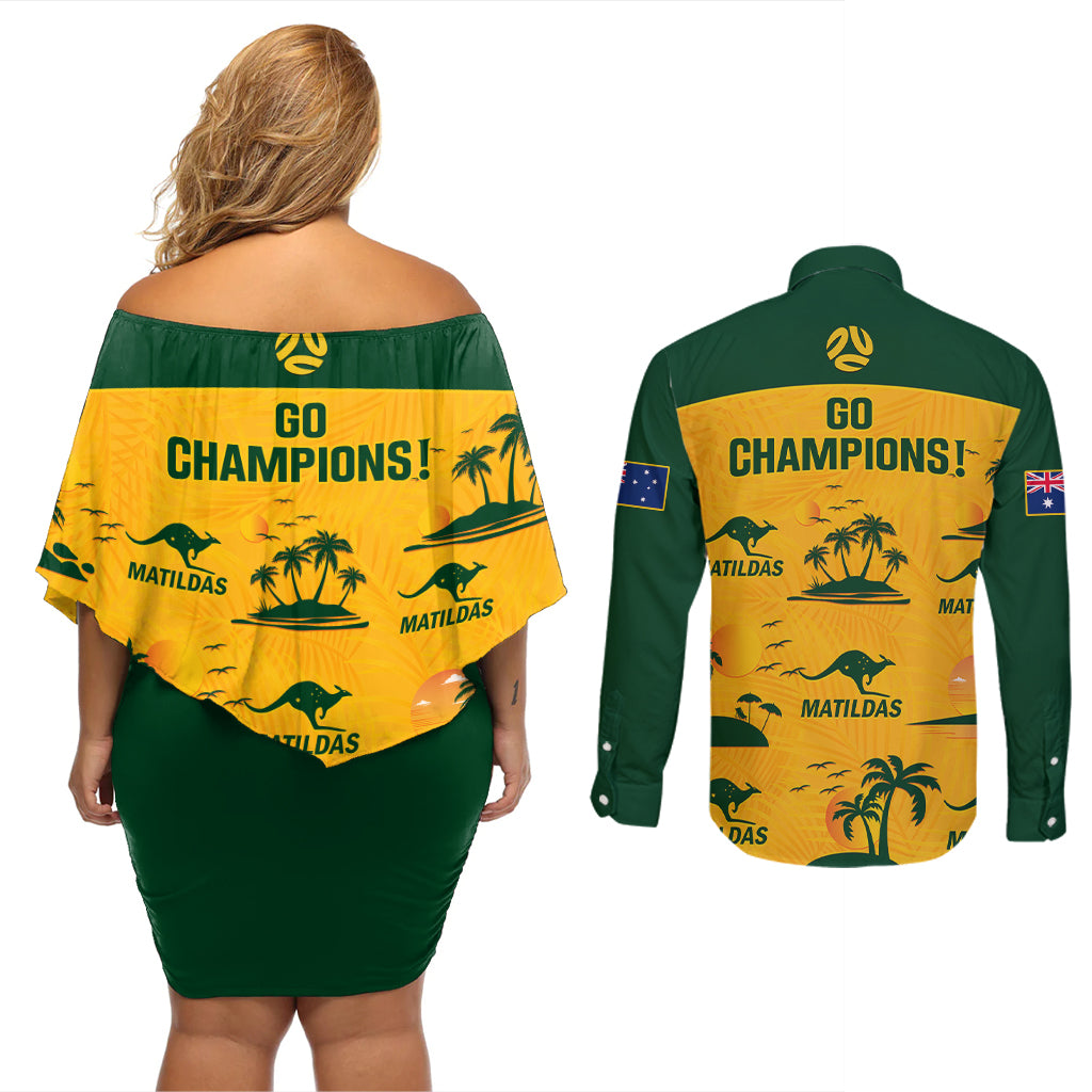 Australia Soccer Couples Matching Off Shoulder Short Dress and Long Sleeve Button Shirts Matildas World Cup 2023 Tropical Style - Wonder Print Shop