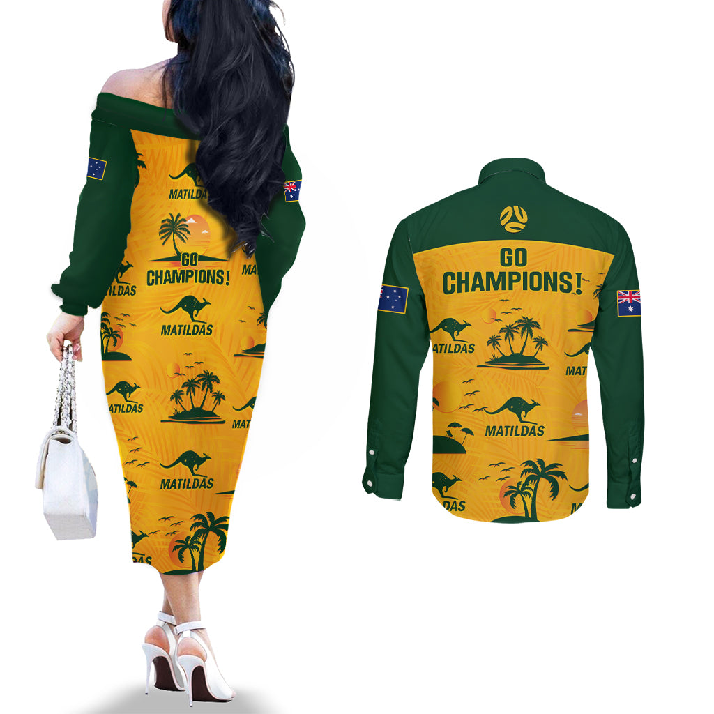 australia-soccer-couples-matching-off-the-shoulder-long-sleeve-dress-and-long-sleeve-button-shirts-matildas-world-cup-2023-tropical-style