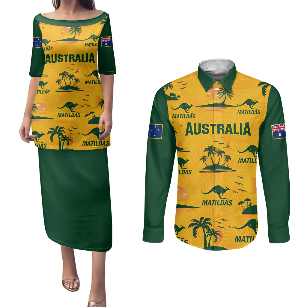 Australia Soccer Couples Matching Puletasi Dress and Long Sleeve Button Shirts Matildas World Cup 2023 Tropical Style - Wonder Print Shop