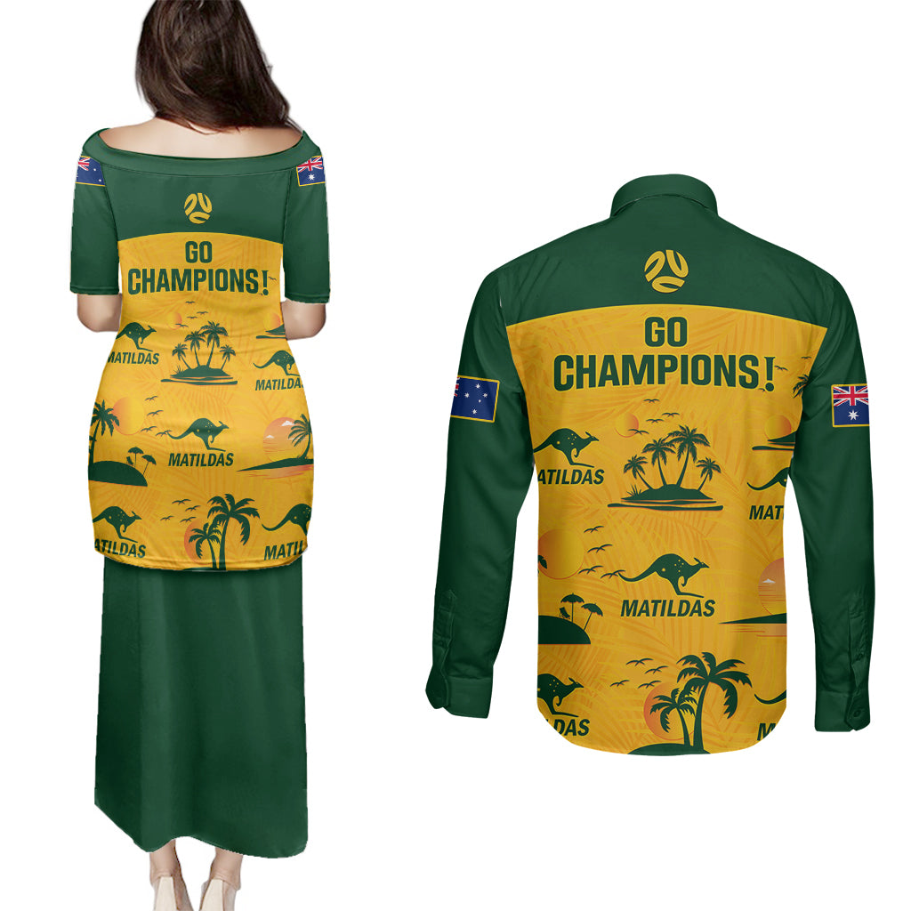 Australia Soccer Couples Matching Puletasi Dress and Long Sleeve Button Shirts Matildas World Cup 2023 Tropical Style - Wonder Print Shop