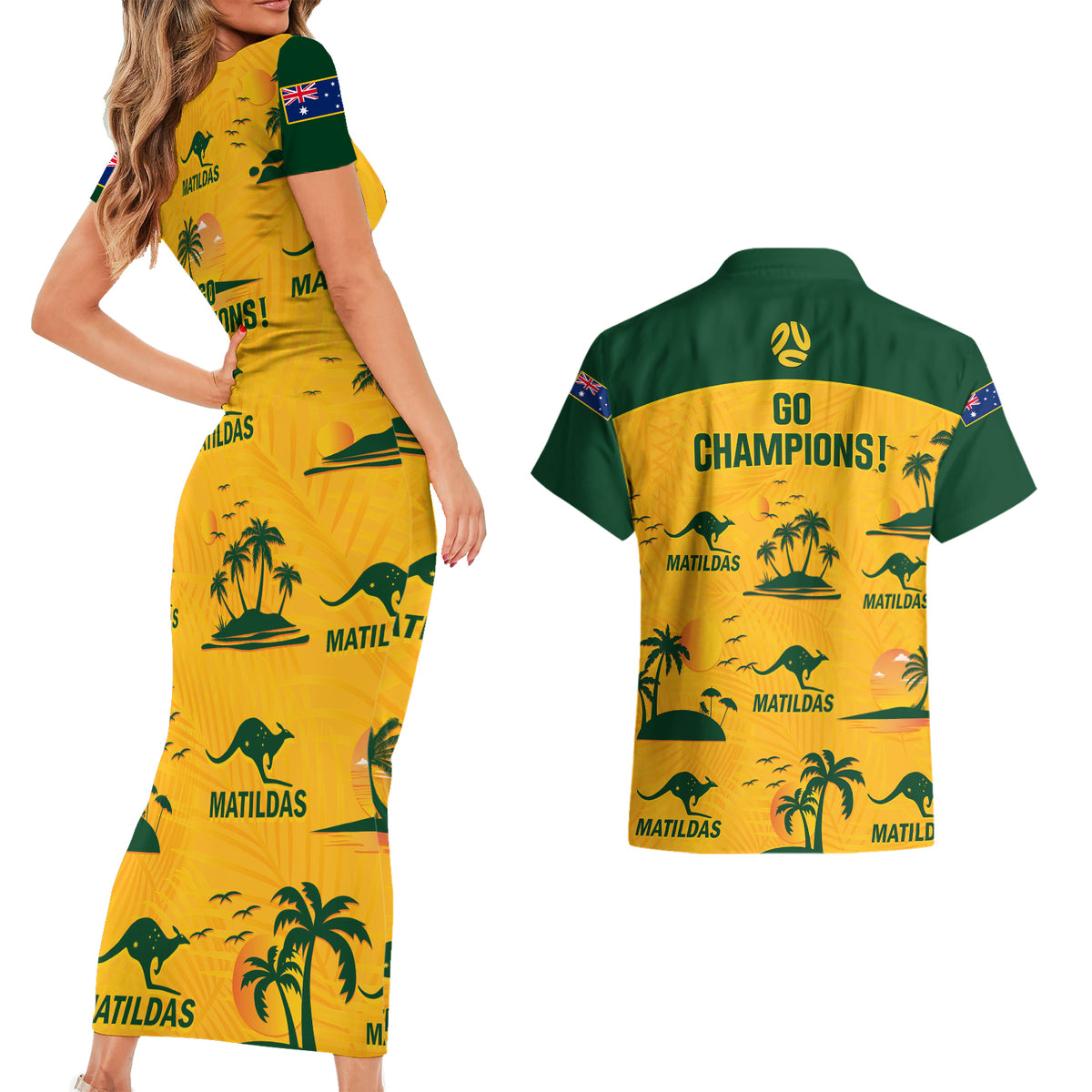 Australia Soccer Couples Matching Short Sleeve Bodycon Dress and Hawaiian Shirt Matildas World Cup 2023 Tropical Style - Wonder Print Shop