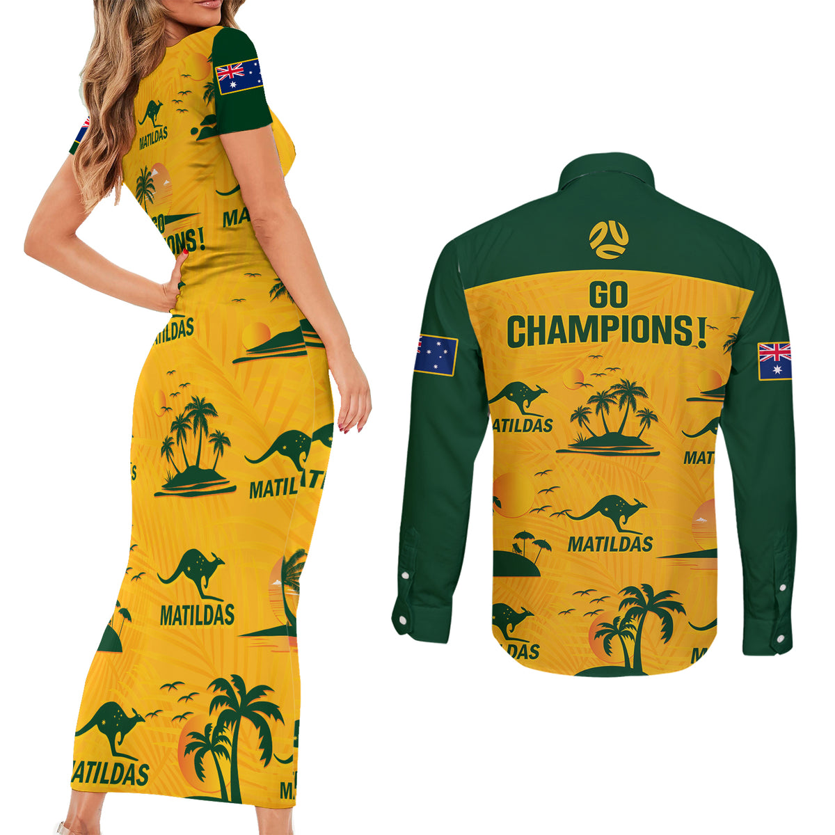 Australia Soccer Couples Matching Short Sleeve Bodycon Dress and Long Sleeve Button Shirts Matildas World Cup 2023 Tropical Style - Wonder Print Shop