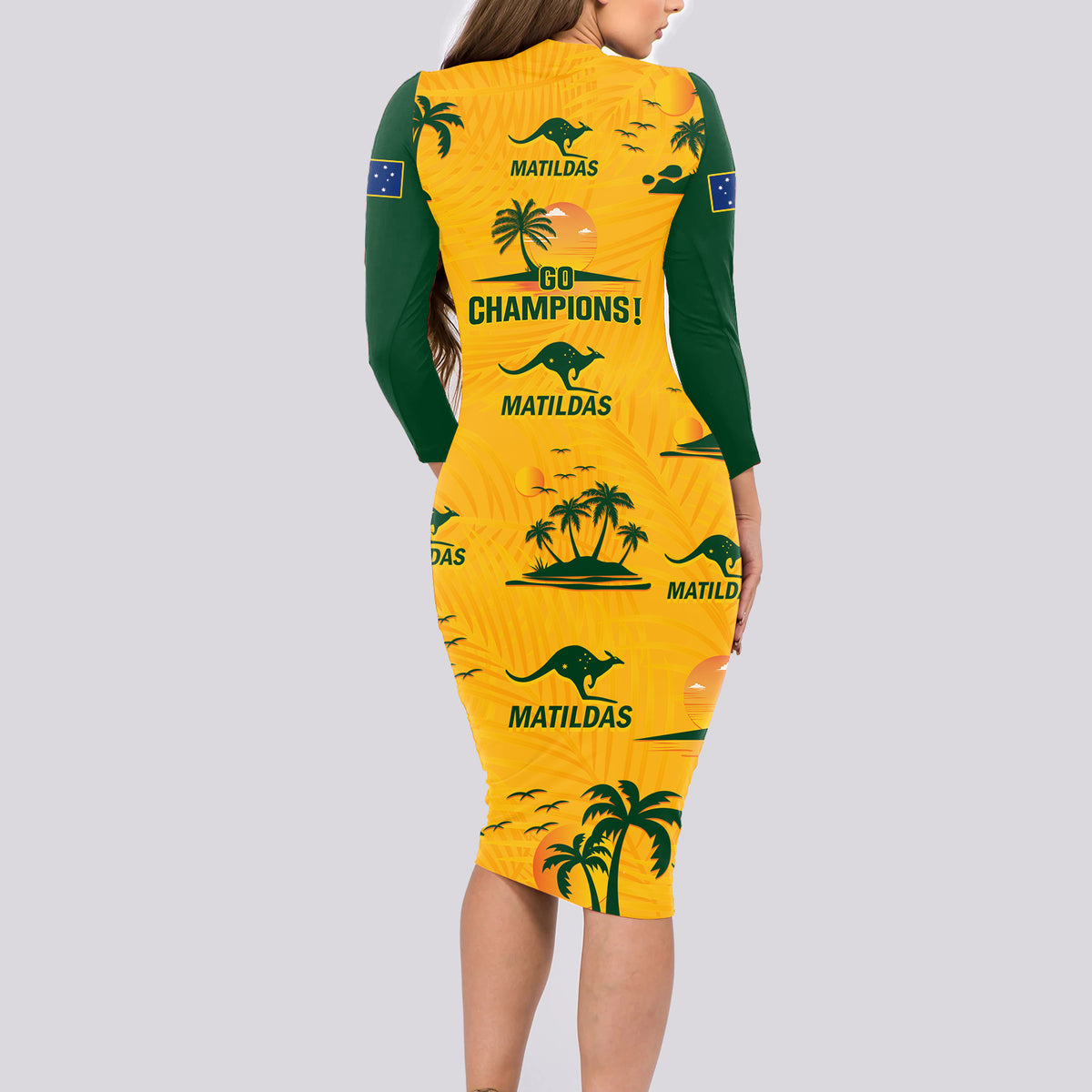 Australia Soccer Long Sleeve Bodycon Dress Matildas World Cup 2023 Tropical Style - Wonder Print Shop